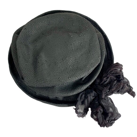 VTG Black Woven Raffia Floppy Cloche Hat Floral Chiffon Bow Accent By Zoey 90s - Picture 6 of 7